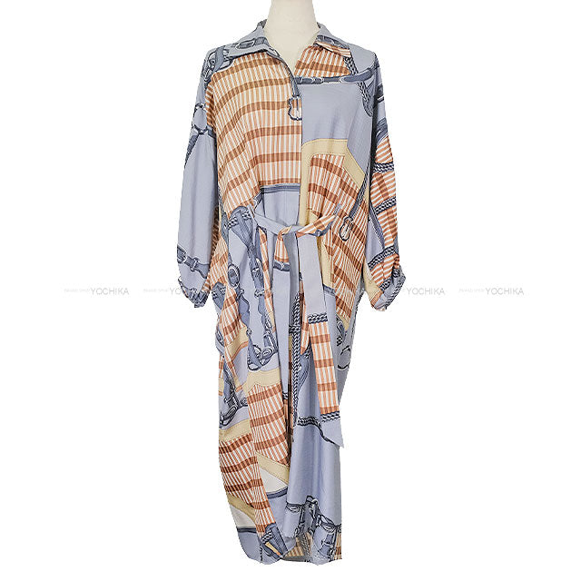 2025SS HERMES One‐piece dress Kaftan One‐piece Dress COACHING REMIX Bleu Grignon Silk100% #34 5E0572D0DJ[BRAND NEW][Authentic]
