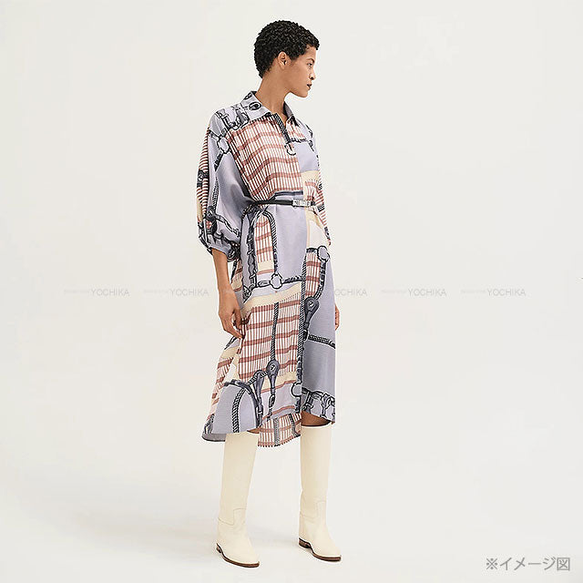 2025SS HERMES One‐piece dress Kaftan One‐piece Dress COACHING REMIX Bleu Grignon Silk100% #34 5E0572D0DJ[BRAND NEW][Authentic]