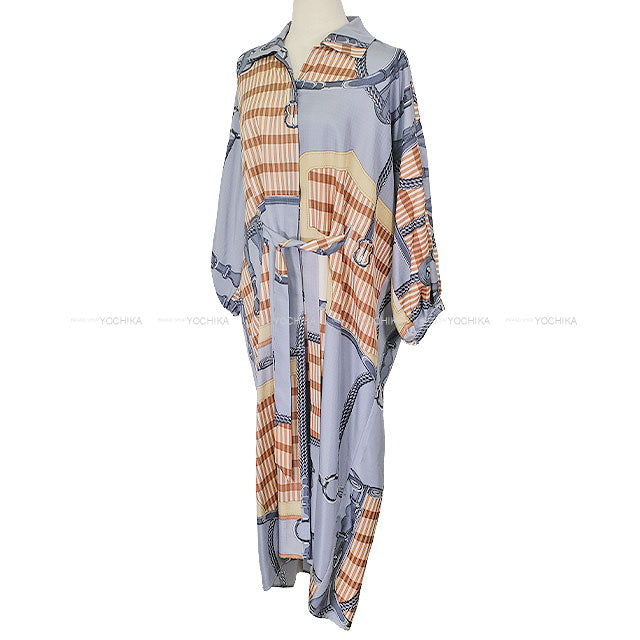 2025SS HERMES One‐piece dress Kaftan One‐piece Dress COACHING REMIX Bleu Grignon Silk100% #34 5E0572D0DJ[BRAND NEW][Authentic]