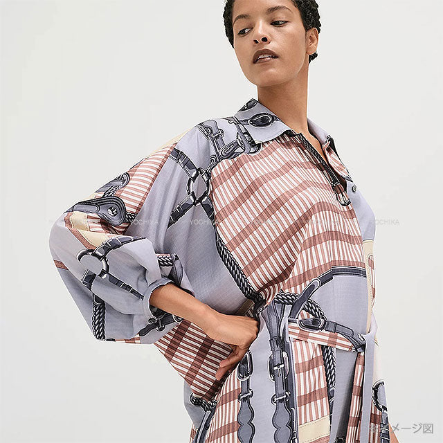 2025SS HERMES One‐piece dress Kaftan One‐piece Dress COACHING REMIX Bleu Grignon Silk100% #34 5E0572D0DJ[BRAND NEW][Authentic]