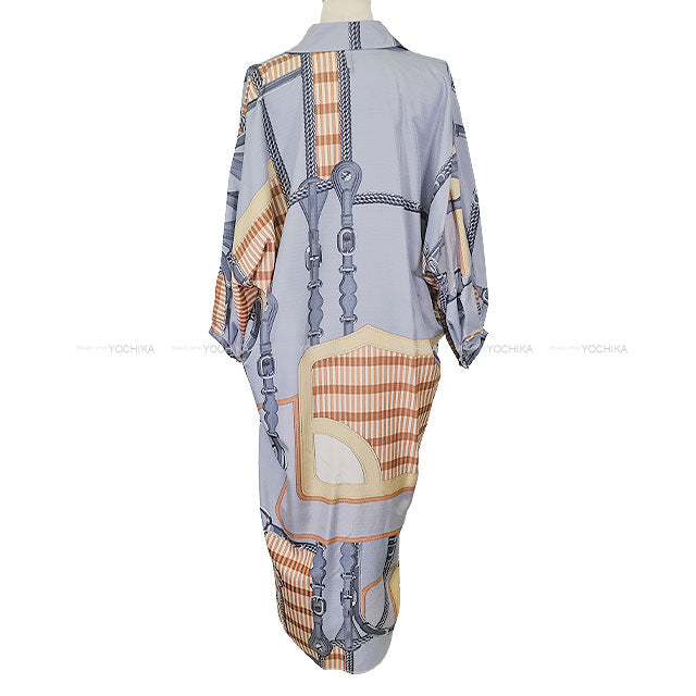 2025SS HERMES One‐piece dress Kaftan One‐piece Dress COACHING REMIX Bleu Grignon Silk100% #34 5E0572D0DJ[BRAND NEW][Authentic]