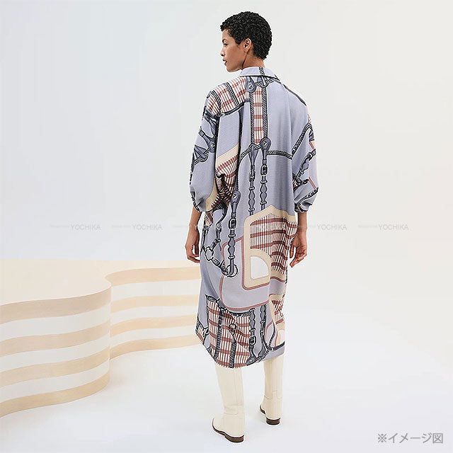 2025SS HERMES One‐piece dress Kaftan One‐piece Dress COACHING REMIX Bleu Grignon Silk100% #34 5E0572D0DJ[BRAND NEW][Authentic]