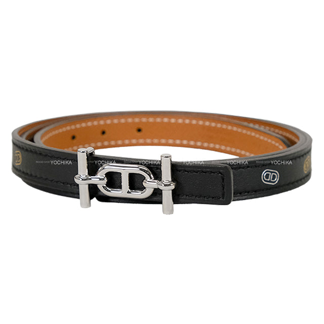 HERMES belt Belt Ankle Buckle Sur Mer 13mm Noir (Black)/Gold Veau Swift/Veau Epsom #75 Silver HW Stamp W[EXCELLENT][Authentic]