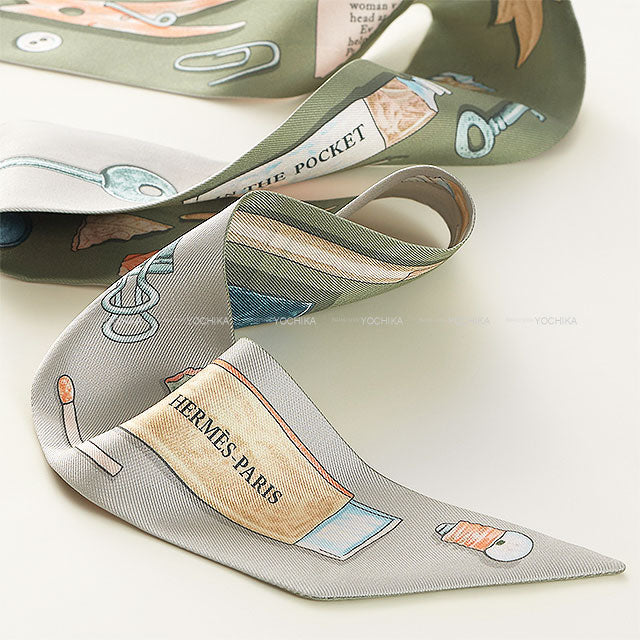 HERMES scarf Twilly in the pocket Gris Perle/Vert Amande/Beige Silk100%[BRAND NEW][Authentic]