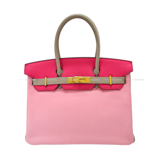 [Pre-loved] HERMES Handbag Birkin30 Special order HSS Toricolor Gris Tourterelle/Pink/Rose Tyrien Chevre Mysore Gold HW Stamp □P[USED SA][Authentic]