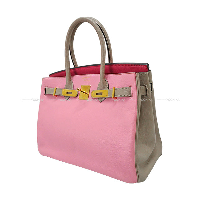 [Pre-loved] HERMES Handbag Birkin30 Special order HSS Toricolor Gris Tourterelle/Pink/Rose Tyrien Chevre Mysore Gold HW Stamp □P[USED SA][Authentic]