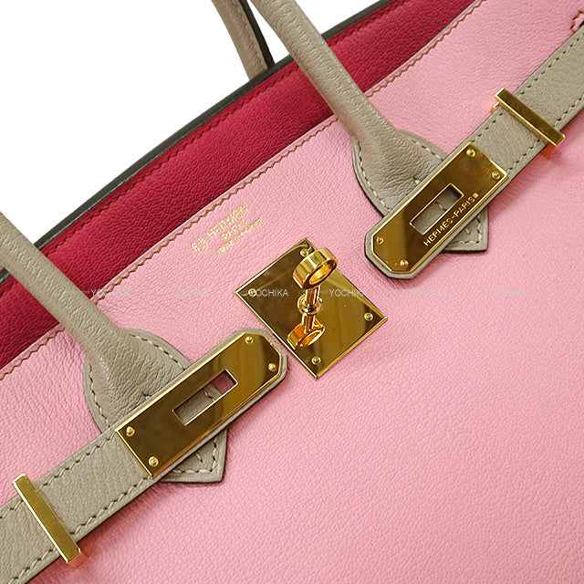 [Pre-loved] HERMES Handbag Birkin30 Special order HSS Toricolor Gris Tourterelle/Pink/Rose Tyrien Chevre Mysore Gold HW Stamp □P[USED SA][Authentic]