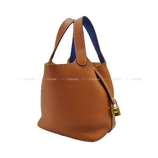 [Pre-loved] HERMES Handbag Picotin Lock 18 PM Eclat Gold/Bleu France Taurillon Clemence/Veau Swift Gold HW Stamp U[USED SA][Authentic]
