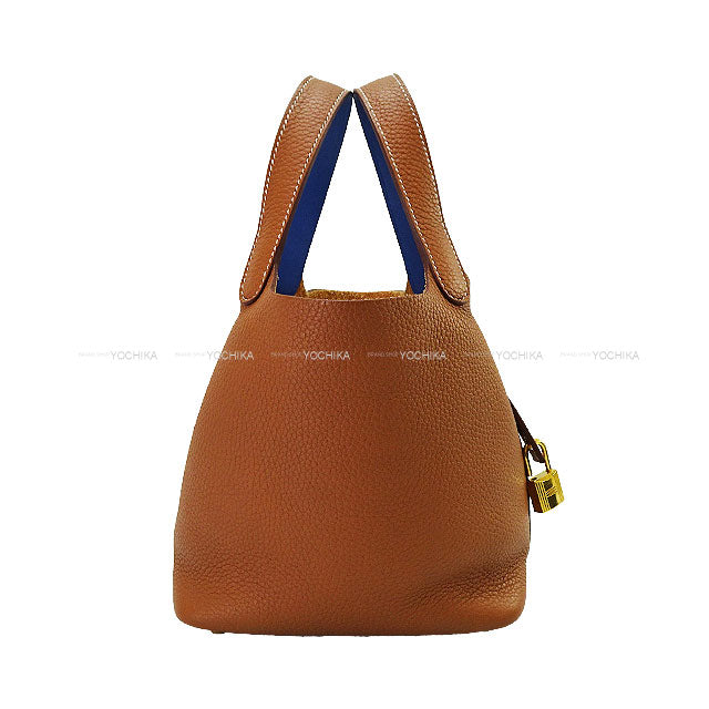 [Pre-loved] HERMES Handbag Picotin Lock 18 PM Eclat Gold/Bleu France Taurillon Clemence/Veau Swift Gold HW Stamp U[USED SA][Authentic]