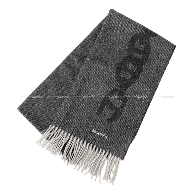 2021 AW HERMES muffler Crazy Chain Chaîne d’Ancre Noir (Black)/Grey Cashmere100%[EXCELLENT][Authentic]