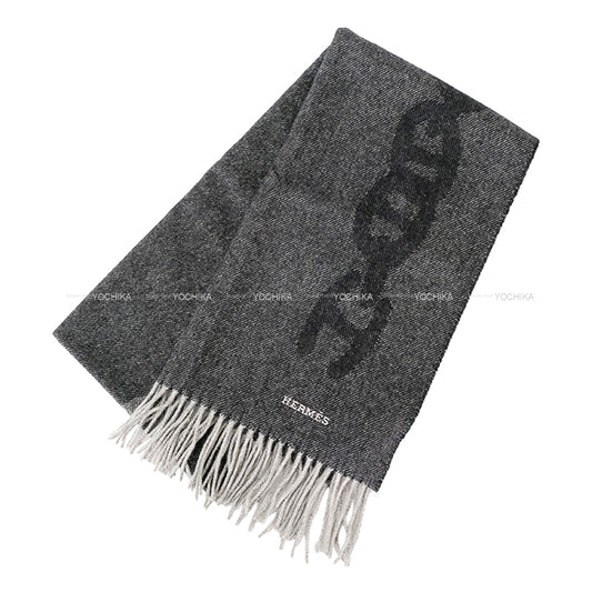 2021 AW HERMES muffler Crazy Chain Chaîne d’Ancre Noir (Black)/Grey Cashmere100%[EXCELLENT][Authentic]