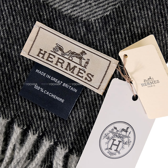 2021 AW HERMES muffler Crazy Chain Chaîne d’Ancre Noir (Black)/Grey Cashmere100%[EXCELLENT][Authentic]