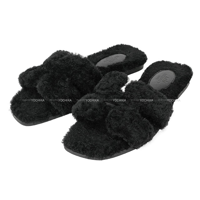 [Pre-loved] HERMES sandals Oran Teddy Bear Mouton Noir (Black) sheepskin 36[USED A][Authentic]