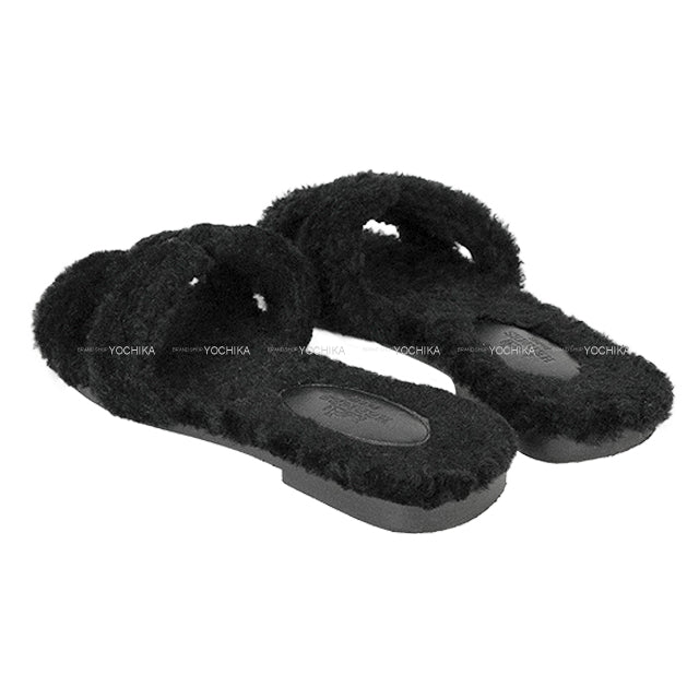[Pre-loved] HERMES sandals Oran Teddy Bear Mouton Noir (Black) sheepskin 36[USED A][Authentic]