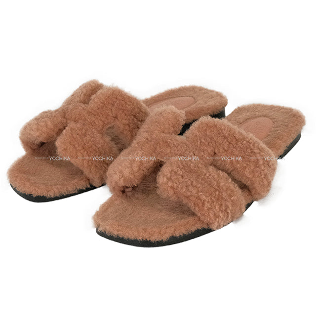 [Pre-loved] HERMES sandals Oran Teddy Bear Mouton Rose Orb sheepskin 35[USED A][Authentic]