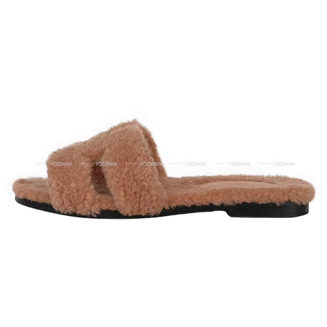 [Pre-loved] HERMES sandals Oran Teddy Bear Mouton Rose Orb sheepskin 35[USED A][Authentic]
