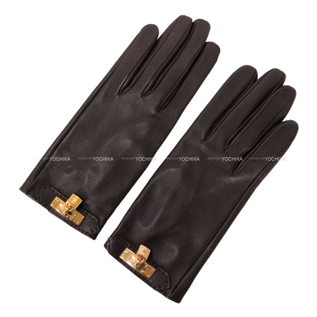 [Pre-loved] HERMES glove Gloves Soya Kelly Padlock Special Order HSS Brown Agneau Milo Rose Gold HW[LIKE NEW][Authentic]