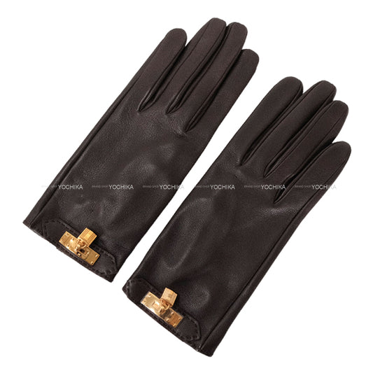 [Pre-loved] HERMES glove Gloves Soya Kelly Padlock Special Order HSS Brown Agneau Milo Rose Gold HW[LIKE NEW][Authentic]