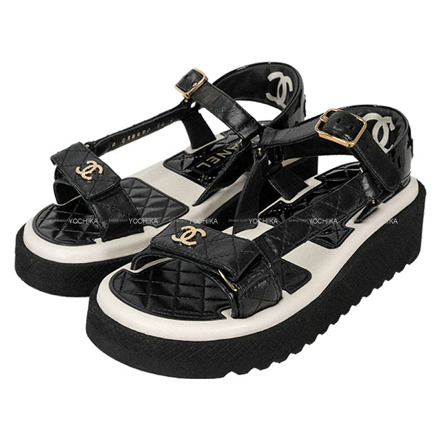 CHANEL sandals Sports Logo COCO Mark Matelasse Noir (Black)/Blanc (White) Lambskin #36c Gold HW G38880[EXCELLENT][Authentic]