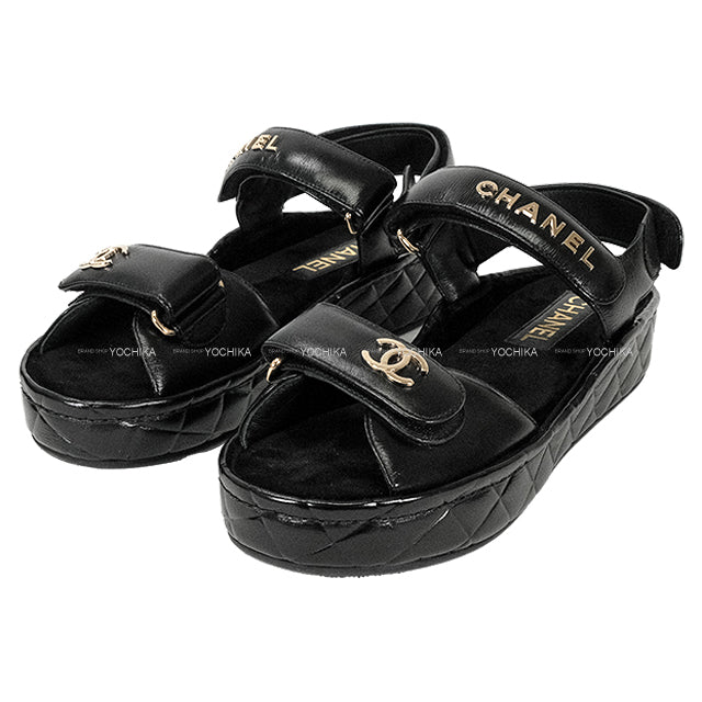 [Pre-loved] CHANEL sandals Sports COCO Mark Matelasse Noir (Black) Suede/Lambskin #36c Champagne Gold HW G37456[LIKE NEW][Authentic]