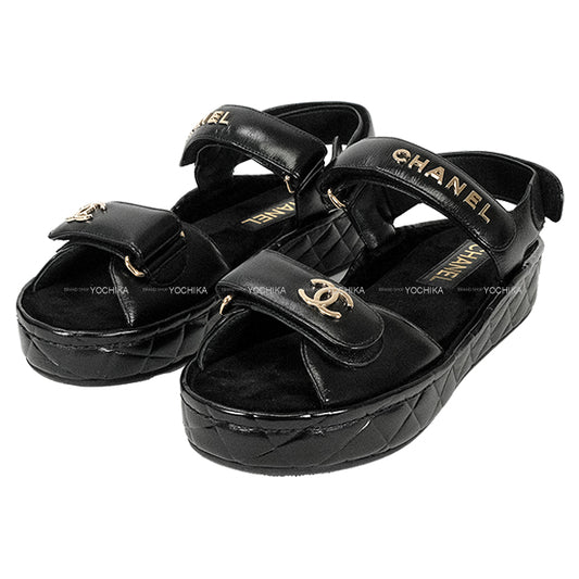[Pre-loved] CHANEL sandals Sports COCO Mark Matelasse Noir (Black) Suede/Lambskin #36c Champagne Gold HW G37456[LIKE NEW][Authentic]