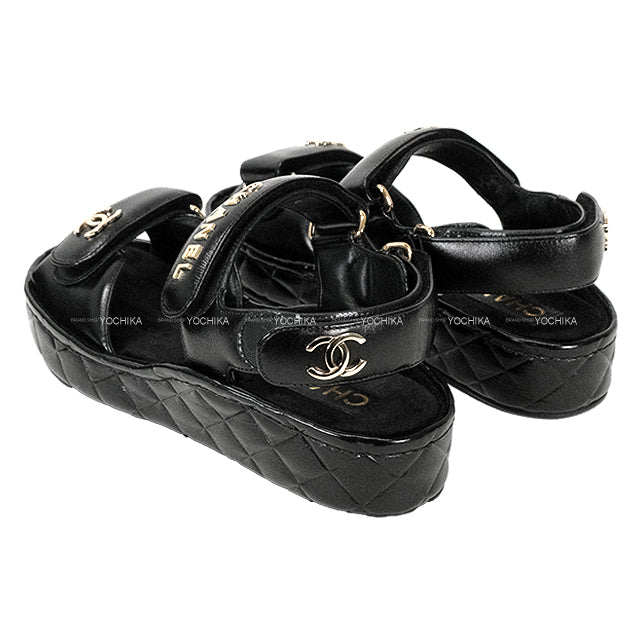 [Pre-loved] CHANEL sandals Sports COCO Mark Matelasse Noir (Black) Suede/Lambskin #36c Champagne Gold HW G37456[LIKE NEW][Authentic]