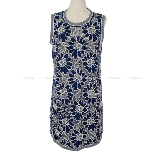 [Pre-loved] CHANEL One‐piece dress Ladies Sleeveless Flower Lace COCO Buttons Floral Pattern Blue/Blanc (White) Wool/Cotton/polyamide #38 P63041[LIKE NEW][Authentic]