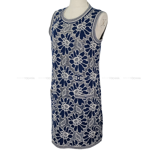 [Pre-loved] CHANEL One‐piece dress Ladies Sleeveless Flower Lace COCO Buttons Floral Pattern Blue/Blanc (White) Wool/Cotton/polyamide #38 P63041[LIKE NEW][Authentic]