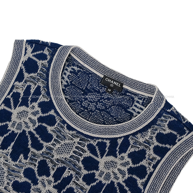 [Pre-loved] CHANEL One‐piece dress Ladies Sleeveless Flower Lace COCO Buttons Floral Pattern Blue/Blanc (White) Wool/Cotton/polyamide #38 P63041[LIKE NEW][Authentic]