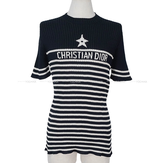 [Pre-loved] Dior Sweater Short Sleeve Knit Dioriviera Stripe Logo Star Navy/White Cotton #46 254S15AM730[LIKE NEW][Authentic]