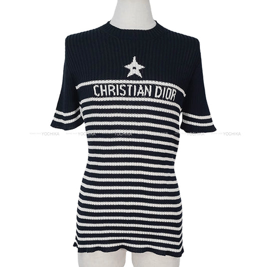 [Pre-loved] Dior Sweater Short Sleeve Knit Dioriviera Stripe Logo Star Navy/White Cotton #46 254S15AM730[LIKE NEW][Authentic]
