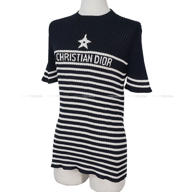 [Pre-loved] Dior Sweater Short Sleeve Knit Dioriviera Stripe Logo Star Navy/White Cotton #46 254S15AM730[LIKE NEW][Authentic]