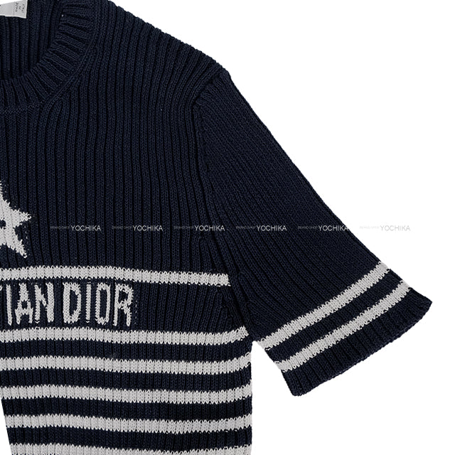 [Pre-loved] Dior Sweater Short Sleeve Knit Dioriviera Stripe Logo Star Navy/White Cotton #46 254S15AM730[LIKE NEW][Authentic]