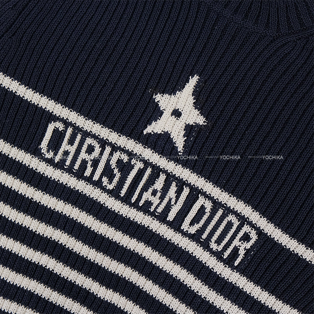 [Pre-loved] Dior Sweater Short Sleeve Knit Dioriviera Stripe Logo Star Navy/White Cotton #46 254S15AM730[LIKE NEW][Authentic]