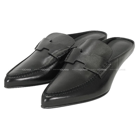 HERMES Mules GLORY 40 sandals Noir (Black) Nappa leather #38[EXCELLENT][Authentic]