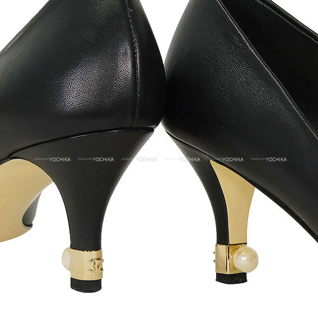 [Pre-loved] CHANEL pumps Heel Coco mark Pearl Noir (Black) Calf #36.5 G29061[LIKE NEW][Authentic]