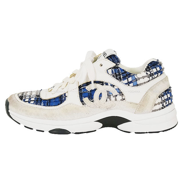 [Pre-loved] CHANEL sneakers Coco mark 24PWhite/Blue/Black/Gray Tweed/Suede/Calfskin #39 G38299[LIKE NEW][Authentic]