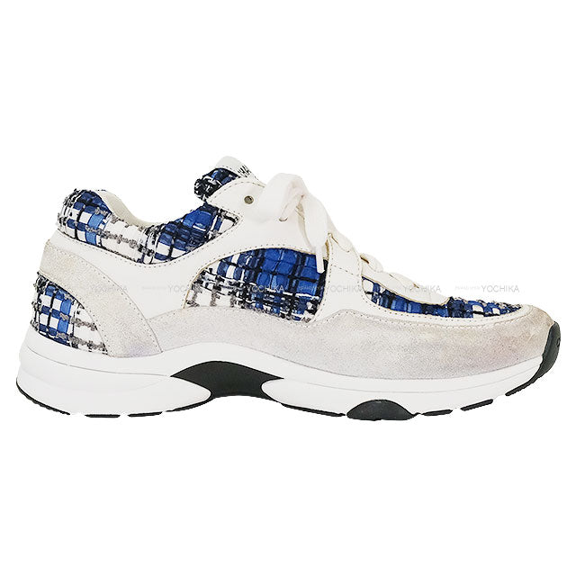 [Pre-loved] CHANEL sneakers Coco mark 24P White/Blue/Black/Gray Tweed/Suede/Calfskin #39 G38299[LIKE NEW][Authentic]