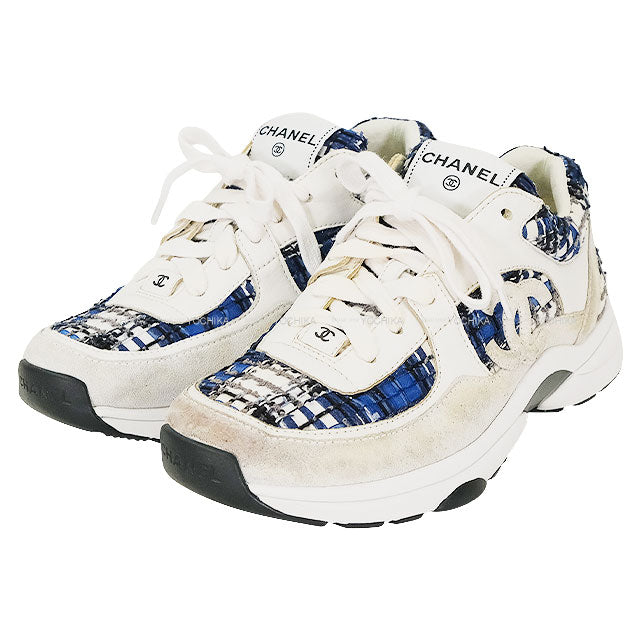 [Pre-loved] CHANEL sneakers Coco mark 24PWhite/Blue/Black/Gray Tweed/Suede/Calfskin #39 G38299[LIKE NEW][Authentic]