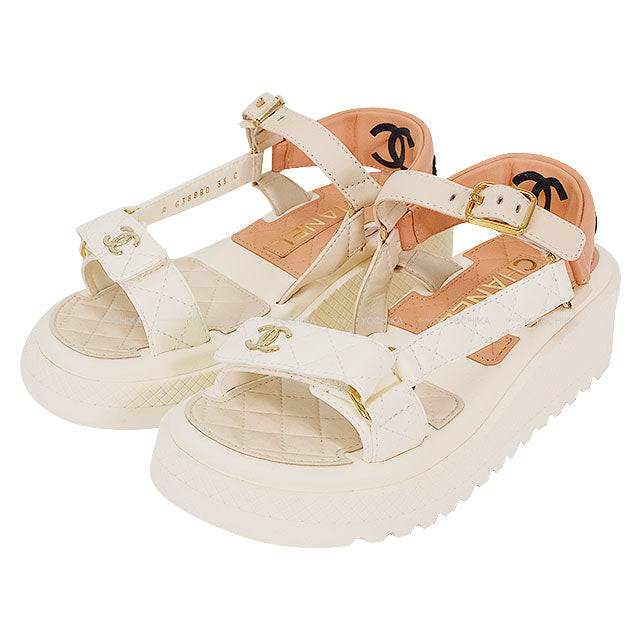 CHANEL sandals Sports Coco mark Matelasse Beige/Ivory/Blanc (White) Lambskin #35 Gold HW G38880[EXCELLENT][Authentic]