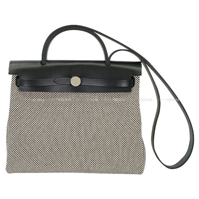 HERMES Shoulder bag HerBag Zip 31 PM Retourne Noir (Black) Ecru Toile Criss Viking/Vache Hunter Silver HW Stamp D[EXCELLENT][Authentic]