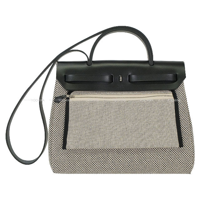 HERMES Shoulder bag HerBag Zip 31 PM Retourne Noir (Black) Ecru Toile Criss Viking/Vache Hunter Silver HW Stamp D[EXCELLENT][Authentic]