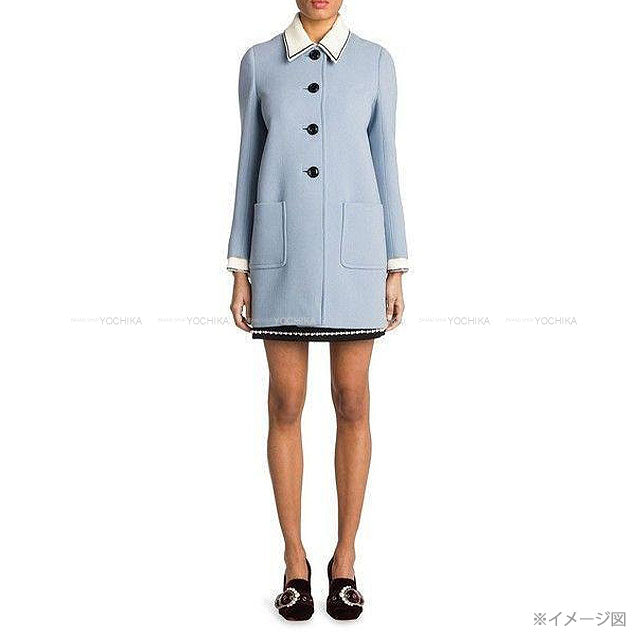 2017 Miu Miu Stainless collar coat Sequins collar Big button Blue/white/black Wool #42 MS1354[EXCELLENT][Authentic]