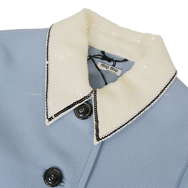 2017 Miu Miu Stainless collar coat Sequins collar Big button Blue/white/black Wool #42 MS1354[EXCELLENT][Authentic]