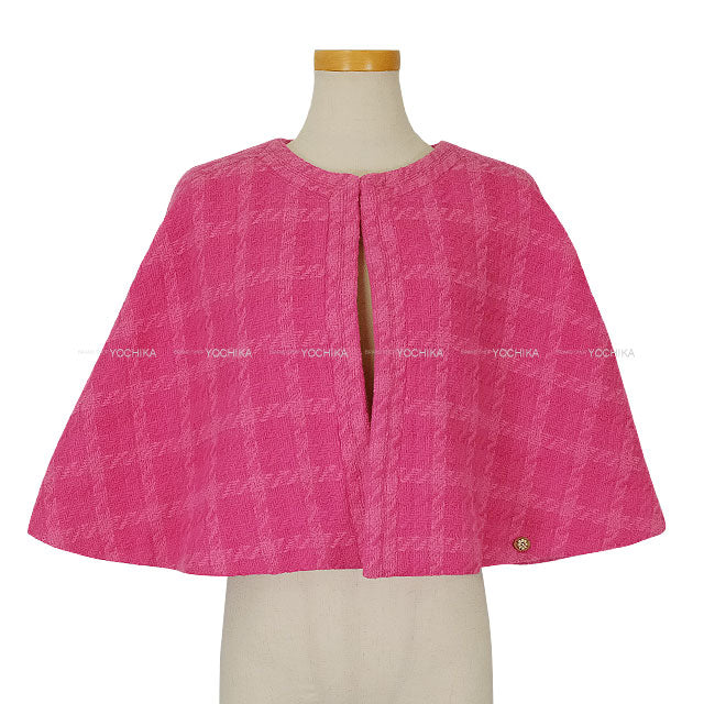2019 AW Runway CHANEL Poncho COCO Buttons tweed check Cape Coat Magenta/Pink Wool #38 P62406[EXCELLENT][Authentic]