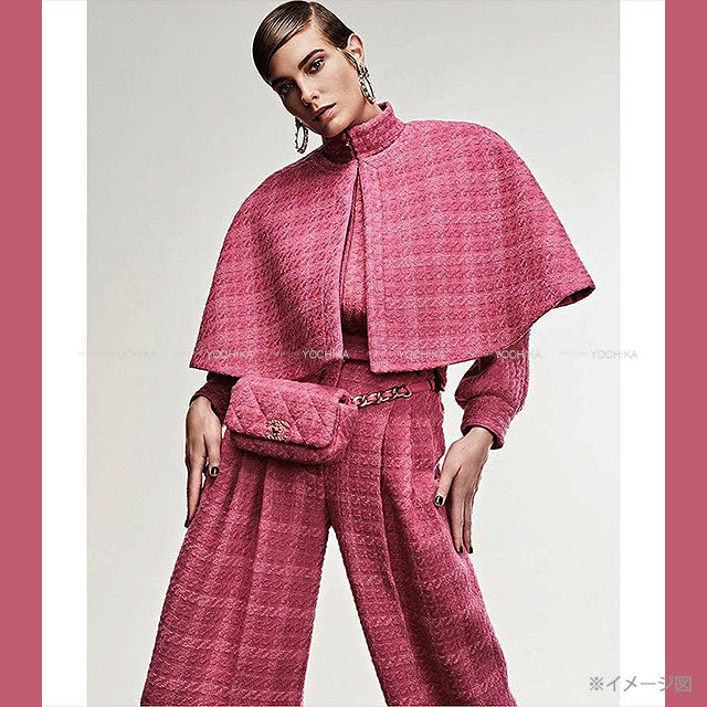 2019 AW Runway CHANEL Poncho COCO Buttons tweed check Cape Coat Magenta/Pink Wool #38 P62406[EXCELLENT][Authentic]