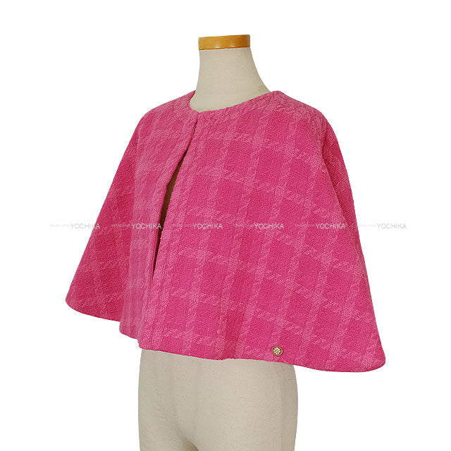 2019 AW Runway CHANEL Poncho COCO Buttons tweed check Cape Coat Magenta/Pink Wool #38 P62406[EXCELLENT][Authentic]