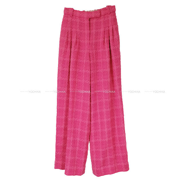 2019 AW Runway CHANEL Pants COCO Buttons tweed check Wide-Leg Pleated Magenta/Pink Wool #38 P62307[EXCELLENT][Authentic]
