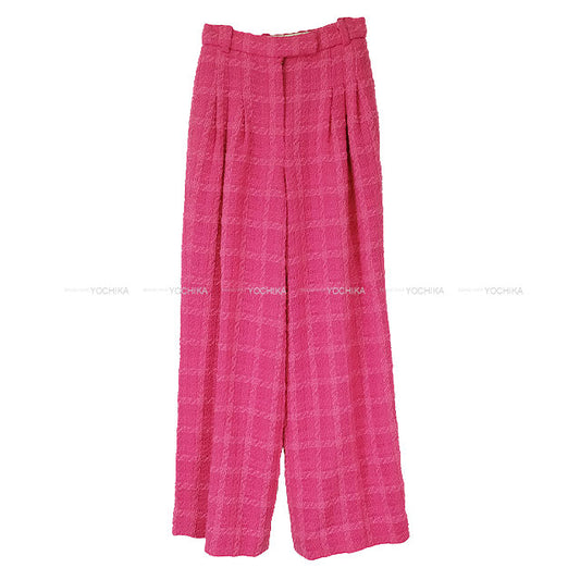 2019 AW Runway CHANEL Pants COCO Buttons tweed check Wide-Leg Pleated Magenta/Pink Wool #38 P62307[EXCELLENT][Authentic]