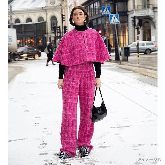 2019 AW Runway CHANEL Pants COCO Buttons tweed check Wide-Leg Pleated Magenta/Pink Wool #38 P62307[EXCELLENT][Authentic]